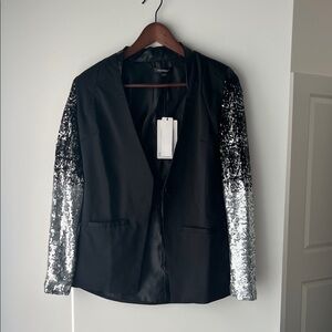 HAODUOYI Black Blazer with Silver Sequin Sleeves